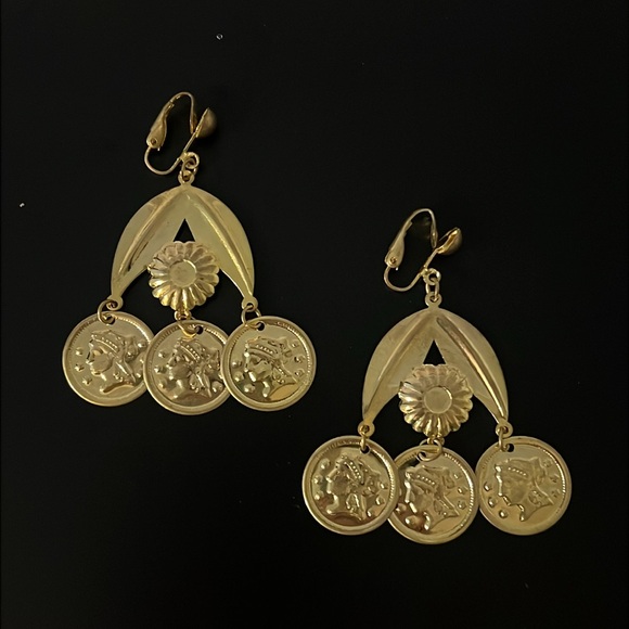 Vintage Etruscan Gold Ancient Coin Chandelier Drop Clip Ons Earrings - Picture 6 of 10